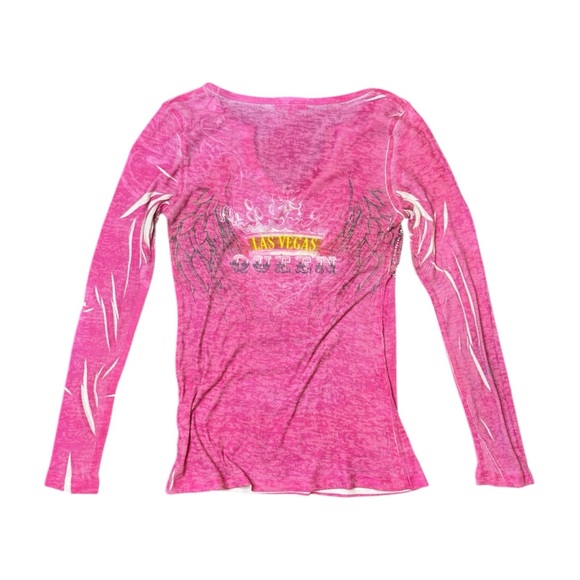 Y2K Love Amour McBling Las Vegas Queen Pink Ribbed Long Sleeve Top Size Small - Picture 2 of 5